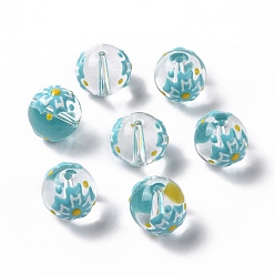 Flor Perlas de vidrio transparentes, con esmalte, rondo, el cielo azul, patrón de flores, 11.5~12x11 mm, agujero: 1.5~1.6 mm