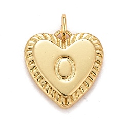 Letter O Rack Plating Real 18K Gold Plated Brass Pendants, with Jump Rings, Long-Lasting Plated, Lead Free & Cadmium Free & Nickel Free, Heart with Letter A~Z, Letter.O, 16x15x2.5mm, Jump Ring: 5x0.5mm, 3mm Inner Diameter