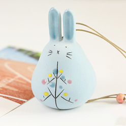 Sky Blue Japanese Style Porcelain Wind Chimes, Wooden Bead Pendant Decorations, Rabbit, Sky Blue, Rabbit: 80x60mm