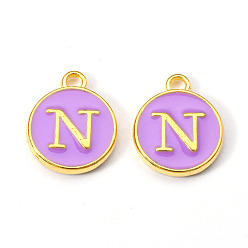 Letter N Golden Plated Alloy Enamel Charms, Enamelled Sequins, Flat Round with Letter, Medium Purple, Letter.N, 14x12x2mm, Hole: 1.5mm