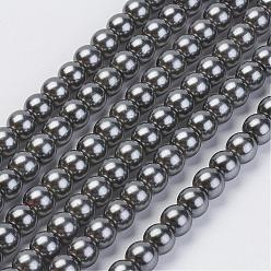 Gris Hebras de perlas de vidrio teñidas ecológicas, Grado A, rondo, cordón de algodón rosca, gris, 5 mm, agujero: 1.2~1.5 mm, sobre 80 unidades / cadena, 15.7 pulgada