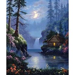 Steel Blue DIY Rectangle Forest House Night Scenery Theme Diamond Painting Kits, Including Canvas, Resin Rhinestones, Diamond Sticky Pen, Tray Plate and Glue Clay, Steel Blue, 400x300mm