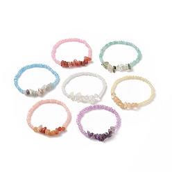 Mixed Stone 7Pcs 7 Style Natural & Synthetic Mixed Gemstone Chips & Glass Seed Beaded Stretch Bracelets Set for Women, Inner Diameter: 2-1/8 inch(5.5cm), 1Pc/style