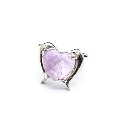 Amatista Anillos ajustables de corazón de amatista natural, anillo de latón platino, tamaño de EE. UU. 8 (18.1 mm)