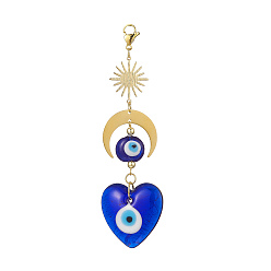 Heart Handmade Evil Eye Lampwork Pendant Decorations, Sun and Moon Charm Decoration, Heart Pattern, 122mm, Pendant: 104x35x7mm