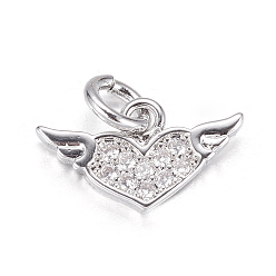 Platinum Brass Micro Pave Cubic Zirconia Charms, Heart with Wing, Platinum, 8x14x1.5mm, Hole: 3mm