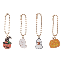Mixed Color Halloween Theme Alloy Enamel Pendant Decorations, with Iron Ball Chains, Pumpkin/Ghost, Mixed Color, 56.5~74.5mm, 4pcs/set.