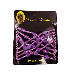 Medium Orchid Steel Hair Bun Maker, Stretch Double Hair Comb, with Glass & Acrylic Beads, Medium Orchid, 75x85mm