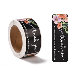 Noir Autocollants d'étiquette de cadeau de papier de modèle de fleur, rectangle avec mot merci étiquettes adhésives rouleau autocollants, pour la fête, cadeaux décoratifs, noir, 2.8 cm, à propos 120pcs / roll