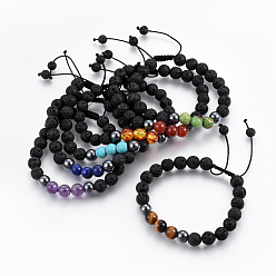 Mixed Stone Natural Lava Rock and Non-Magnetic Synthetic Hematite Beads Braided Bead Bracelets, with Natural & Synthetic Mixed Gemstone, 2-1/8 inch~3 inch(5.3~7.8cm), 7pcs/set