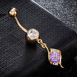 Lilac Brass Cubic Zirconia Navel Ring, Belly Rings, with 304 Stainless Steel Bar, Cadmium Free & Lead Free, Real 18K Gold Plated, Lilac, 42x8mm, Bar: 15 Gauge(1.5mm), Bar Length: 3/8"(10mm)
