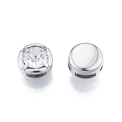 Platinum Brass Micro Pave Clear Cubic Zirconia Beads, Flat Round, Platinum, 8.8x5.8mm, Hole: 1.2x4.9mm