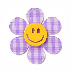 Lilas Motif tartan acrylique grands pendentifs, fleur avec le visage souriant, lilas, 55x50x4.5mm, Trou: 1.8mm