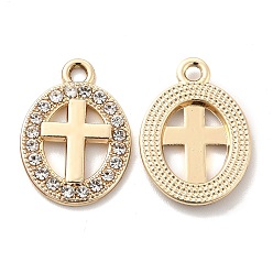 Golden UV Plating Alloy Pendants, with Crystal Rhinestone, Oval with Cross Charms, Golden, 20x15.5x2mm, Hole: 2mm