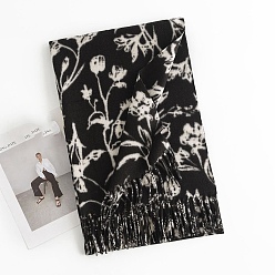 Черный Теплый шарф из полиэстера, зимний шарф, шарф с кисточками и цветочным узором, чёрные, 180x69 мм