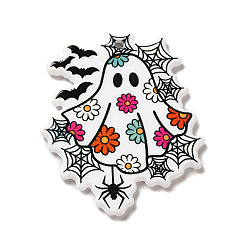 White Halloween Printed Acrylic Pendants, Ghost with Flower & Spider Web Charm, White, 41.5x35x2.3mm, Hole: 2mm