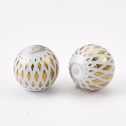 Gold Electroplate Glass Beads, Round with Rhombus Pattern, Gold, 8~8.5mm, Hole: 1.5mm