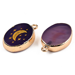 Purple Natural Agate Pendants, with Light Gold Plated Brass Edge & Iorn Loops, Gold Powder, Dyed & Heated, Oval with Moon Charm, Purple, 23~24x15~16.5x4~6.5mm, Hole: 1.6mm