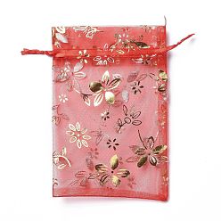 Red Organza Drawstring Jewelry Pouches, Wedding Party Gift Bags, Rectangle with Gold Stamping Flower Pattern, Red, 15x10x0.11cm