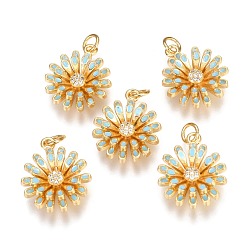Aqua Brass Micro Pave Clear Cubic Zirconia Pendants, Long-Lasting Plated, with Enamel & Jump Rings, Flower, Real 18K Gold Plated, Aqua, 18.2x15.7x5.2mm, Hole: 3mm,  jump ring: 5x1mm