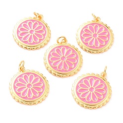 Pink Vrais pendentifs en laiton plaqué or 18 k, avec l'émail, plaqué longue durée, plat et circulaire avec fleur, rose, 22.5x19.5x2mm, anneau de saut: 5x1 mm, 3 mm de diamètre intérieur 