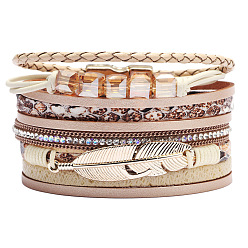 Beige PU Leather Multi-strand Bracelets, with Wax Polyester Cords, Alloy Magnetic Clasp and Rhinestone, Feather, Golden, Beige, 7-1/2 inch(19cm), 40mm