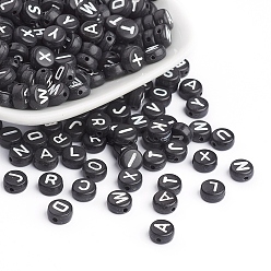 Black Acrylic Horizontal Hole Letter Beads, Mixed Letters A to Z, double-side pattern, Flat Round, Black, 7x4mm, Hole: 1mm