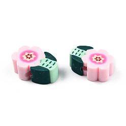 Pink Handmade Polymer Clay Beads, Flower, Pink, 10~12.5x6.5~8x4.5~5mm, Hole: 1.4~1.8mm