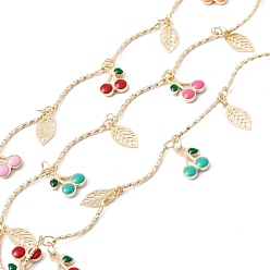 Colorful Handmade Eco-friendly Brass Enamel Cherry & Leaf Charms Chain, with Curved Bar Link Chains, Real 18K Gold Plated, Lead Free & Cadmium Free, Soldered, with Spool, Colorful, 18x1x1mm