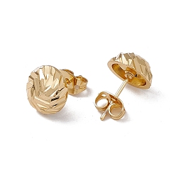 Real 18K Gold Plated Rack Plating Brass Grooved Half Round Stud Earrings for Women, Lead Free & Cadmium Free, Real 18K Gold Plated, 10mm, Pin: 0.7mm