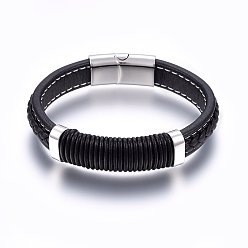 Stainless Steel Color Leather Cord Bracelets, 304 Stainless Steel Magnetic Clasp, Rectangle, Stainless Steel Color, 8-5/8 inch(22cm), 12~15x6~10mm