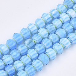 Deep Sky Blue Glass Beads Strands, Faceted, Rondelle with Flower, Deep Sky Blue, 7.5~8x5.5mm, Hole: 1~1.5mm, about 74pcs/strand, 16.1 inch