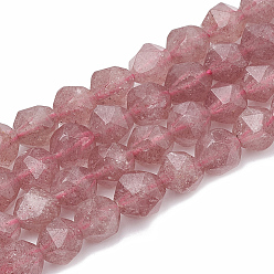 Cuarzo Fresa Perlas de cuarzo natural de fresa hebras, cuentas redondas con corte de estrella, facetados, 8~10x7~8 mm, agujero: 1 mm, sobre 45~48 unidades / cadena, 14.2~14.6 pulgada