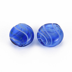 Royal Blue Transparent Handmade Blown Glass Globe Beads, with Glitter Powder, Stripe Pattern, Flat Round, Royal Blue, 15~16x7~8mm, Hole: 1~2mm