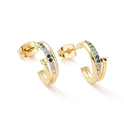 Golden Colorful Cubic Zirconia C-shape Stud Earrings, Brass Jewelry for Women, Golden, 13x14x5mm, Pin: 0.7mm