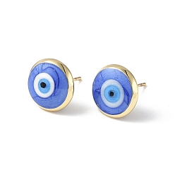 Royal Blue Enamel Evil Eye Stud Earrings, Real 18K Gold Plated Brass Jewelry for Women, Royal Blue, 12mm, Pin: 0.8mm