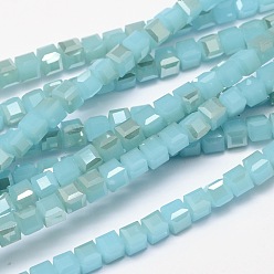 Pale Turquoise Imitation Jade Faceted Cube Half Rainbow Plated Electroplate Glass Beads Strands, Pale Turquoise, 2x2x2mm, Hole: 0.5mm, about 200pcs/strand, 15.7 inch