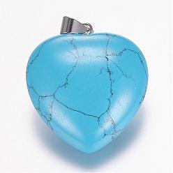 Synthetic Turquoise Dyed & Synthetic Turquoise Gemstone Pendants, Heart, Platinum, 32.5~34x30x12mm, Hole: 5x8mm