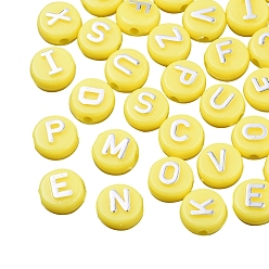 Yellow Plating Opaque Acrylic Beads, Metal Enlaced, Flat Round with Letter, Yellow, 10x6mm, Hole: 1.8mm, about 632pcs/200g