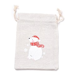 Bear Christmas Cotton Cloth Storage Pouches, Rectangle Drawstring Bags, for Candy Gift Bags, Bear Pattern, 13.8x10x0.1cm