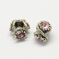 Rose Clair Perles européennes en strass d'alliage , Perles avec un grand trou   , argent antique, rose clair, 12x13x8~9mm, Trou: 5mm