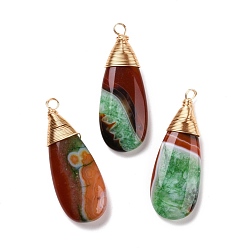 Green Natural Brazilian Agate Pendants, with Real 18K Gold Plated Tone Brass Wire Wrapped, Dyed & Heated, Teardrop, Green, 44.7x17x7mm, Hole: 3mm
