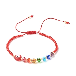 Red Flat Round Evil Eye Lampwork Braided Bead Bracelet, Glass Seed Beads Adjustable Bracelet for Women, Red, Inner Diameter: 2-3/8~4-1/8 inch(5.9~10.4cm)