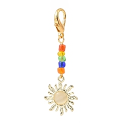 Golden Sun Alloy Cat Eye Pendants Decorations, with Colorful Glass Seed Beads and Alloy Lobster Clasp, for Keychain, Purse, Backpack Ornament, Golden, 55mm, Pendant: 21.5x18.5x3mm