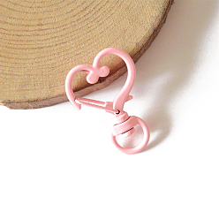 Pink Spray Painted Alloy Swivel Snap Hooks Clasps, Heart, Pink, 35mm