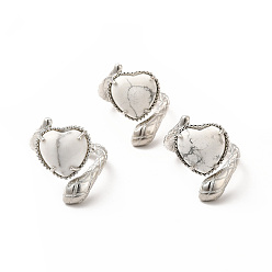 Howlite Coeur en howlite naturelle avec anneau de manchette ouvert serpent, bijoux en laiton platine pour femme, taille us 8 1/2 (18.5 mm)