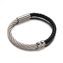 Stainless Steel Color Leather Cord Braided Bracelets, with 304 Stainless Steel Findings, Stainless Steel Color, 52x60mm