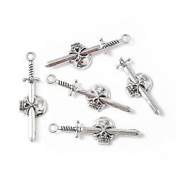 Antique Silver Tibetan Style Alloy Big Pendants, Sword with Skull Charm, Antique Silver, 55.5x17x5.5mm, Hole: 3.2mm