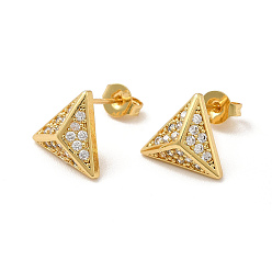 Real 18K Gold Plated Rack Plating Brass Micro Pave Clear Cubic Zirconia Triangle Stud Earrings, Long-Lasting Plated, Lead Free & Cadmium Free, Real 18K Gold Plated, 10x11mm, Pin: 0.7mm