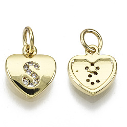 Letter S Brass Micro Pave Clear Cubic Zirconia Charms, with Jump Ring, Heart with Letter, Real 16K Gold Plated, Nickel Free, Letter.S, 10x9x2mm, Jump Ring: 5x1mm, 3mm inner diameter
